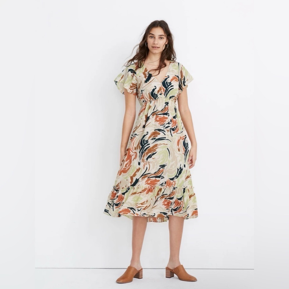 Madewell Flutter-Sleeve Ruffle-Waist Midi Dress in Brushing Up‎ Size 14